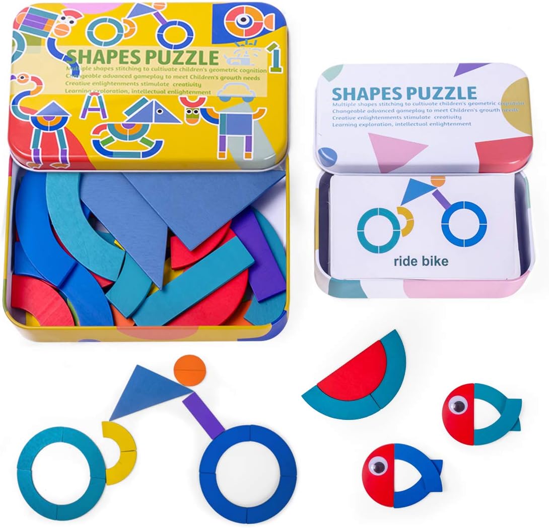 Highttoy Wooden Pattern Blocks, Shape Puzzles Toys for 3-8 Year Old Boys Girls Gifts Montessori Wooden Toys for Kids Wooden Shape Blocks Tangram Jigsaw Puzzles Color Shape Sorting Puzzle Game