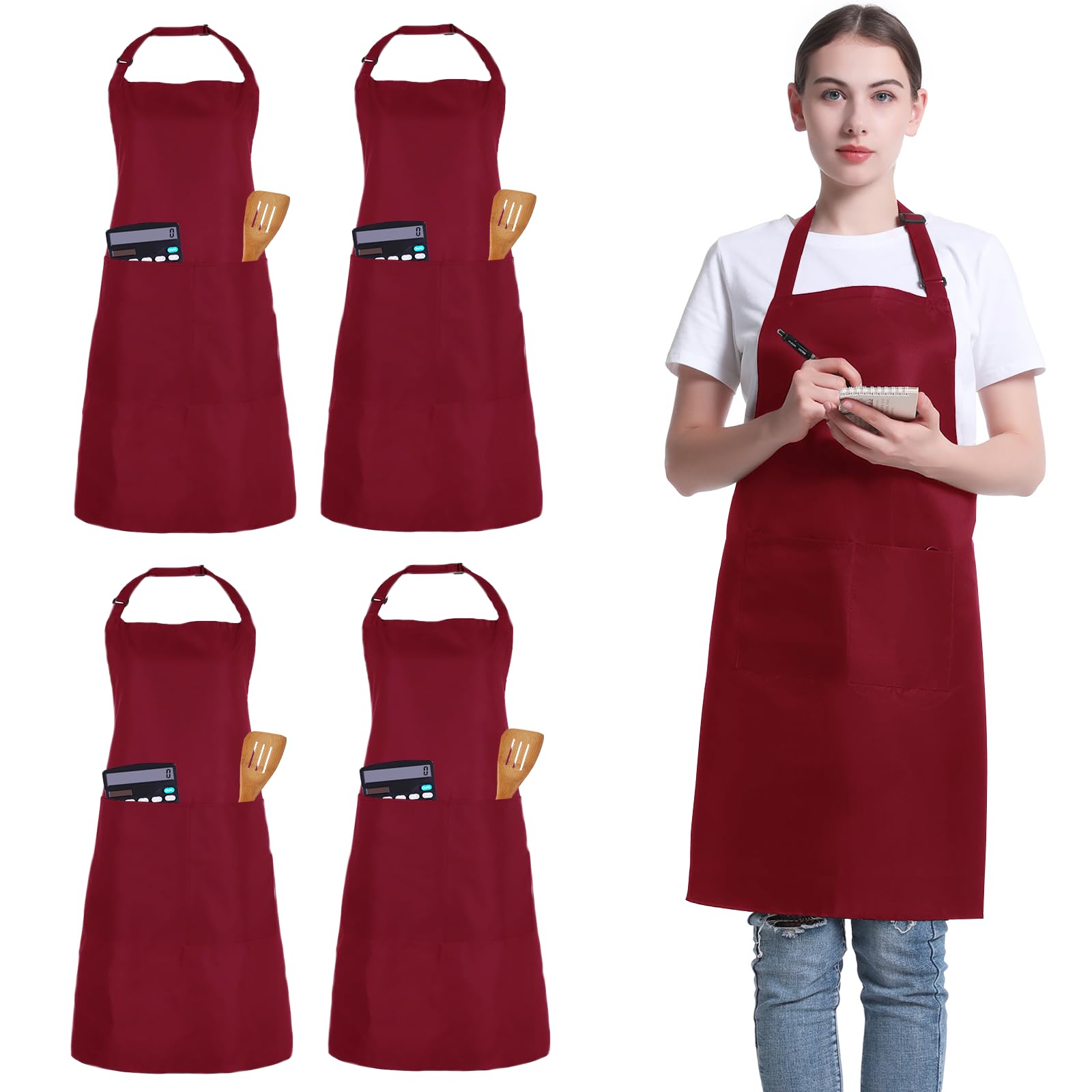 FunChaos 4 Pack Unisex Chef Apron, Adjustable Bib Apron with 2 Pockets, Deep Red