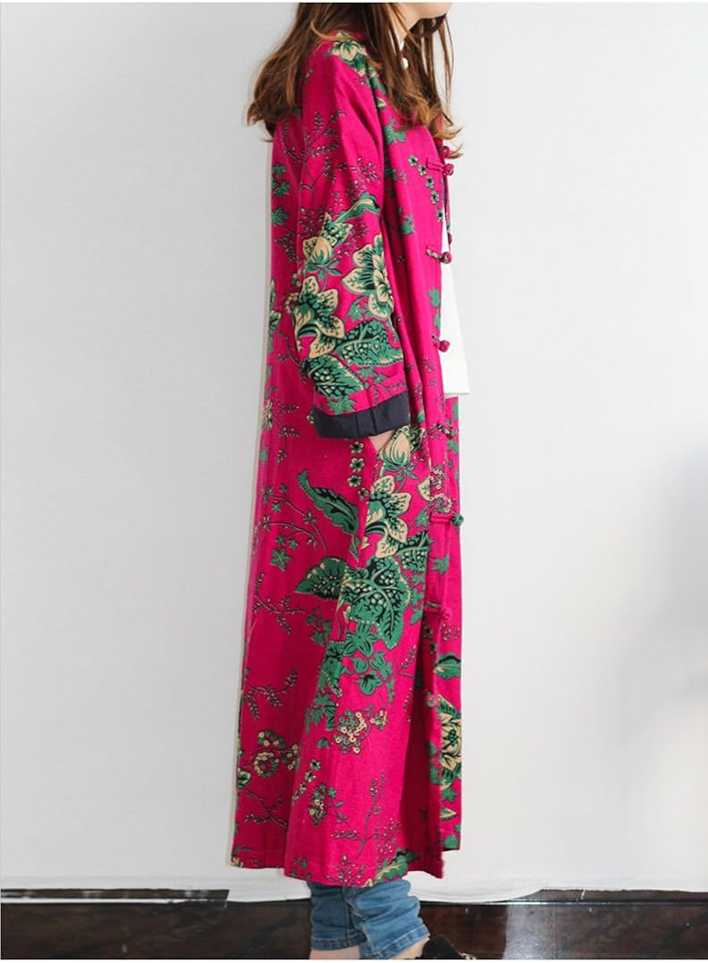 LZJN Women Trench Coat Floral Print Long Jacket with Pockets (Red): Clothing