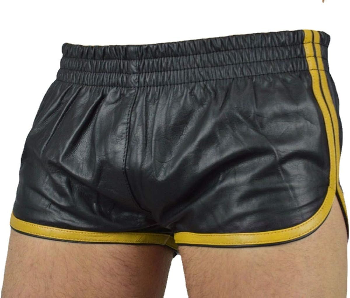 LISDINO Men's Sexy Leather Boxer Shorts, Sports Leather Shorts (Yellow
