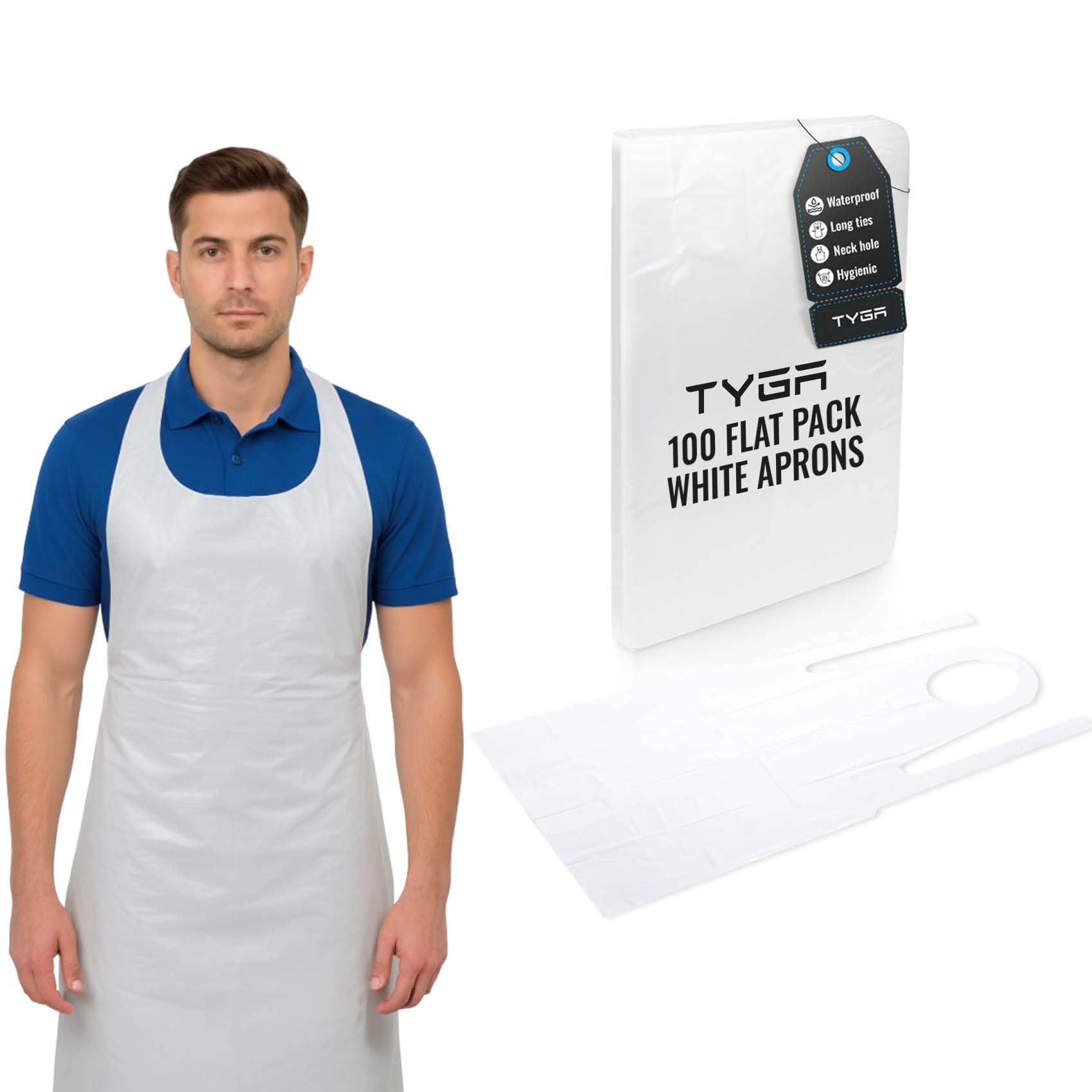 TYGA Store | 100 Disposable White Aprons - Apron for Medical, Cleaning, Painting, Hairdressers, Baking & Chefs - PPE (White) (Flat Pack 100)