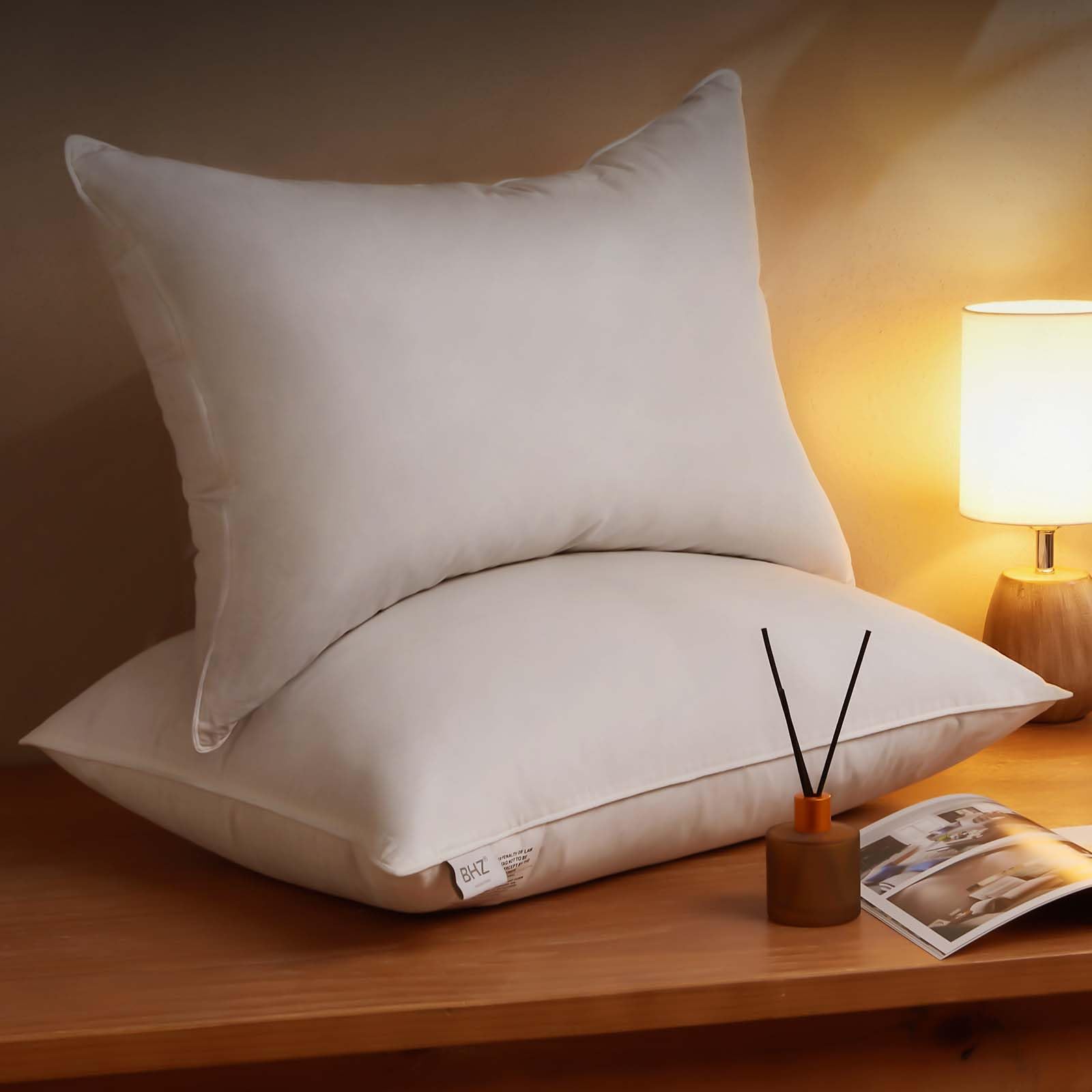 BHZ Goose Down Feather Pillows Standard Size Set of 2 Pack, Luxury Hotel Alternative Collection Bed Pillow for Sleeping Firm Soft Support for Side & Back Sleepers, White, 20x26 Inch