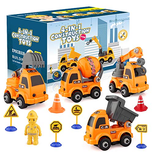 EpochAir Kids Construction Toys Set, 4 PCS Assembly Vehicles Boy Toys Construction Play Vehicles Trucks Car Toy, Including Excavator Crane Dumper Tank Truck for Kids Toddlers Children Boys and Girls