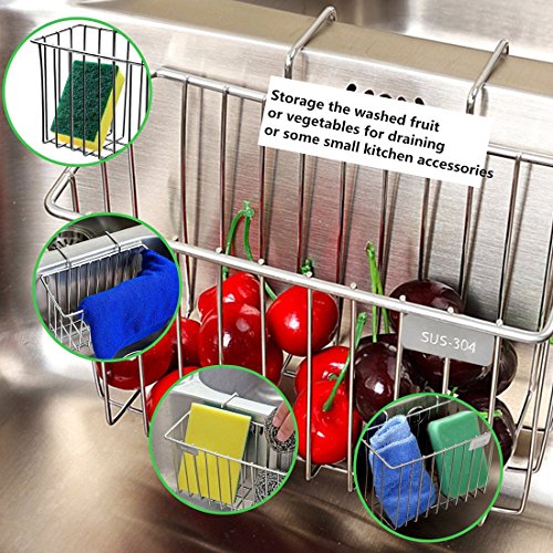 PeleusTech Kitchen Sink Caddy, Stainless Steel Sink Hanging Storage Box Draining Kitchen Soap Sponge Holder Rack Brush Sponge Sink Draining Towel Rack Kitchen Tool - Silver - Thumbnail 4