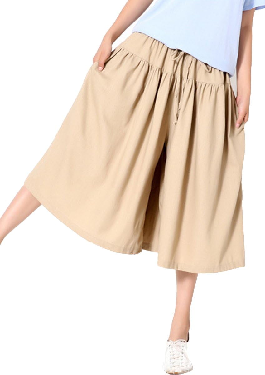 Hiwil Womens Loose Tie Elastic Waist Cotton Linen Wide Leg Crop Palazzo Pants