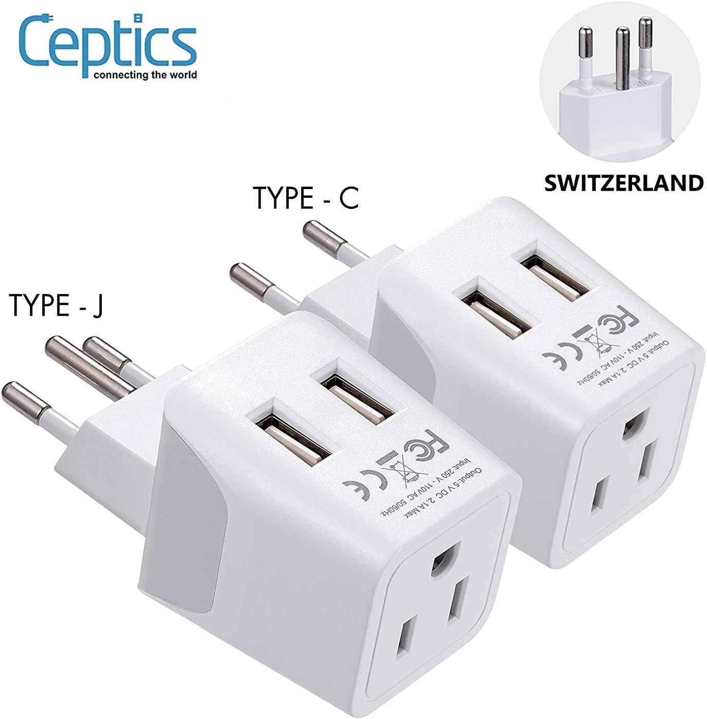 Switzerland Travel Plug Set by Ceptics with 2 USB + USA