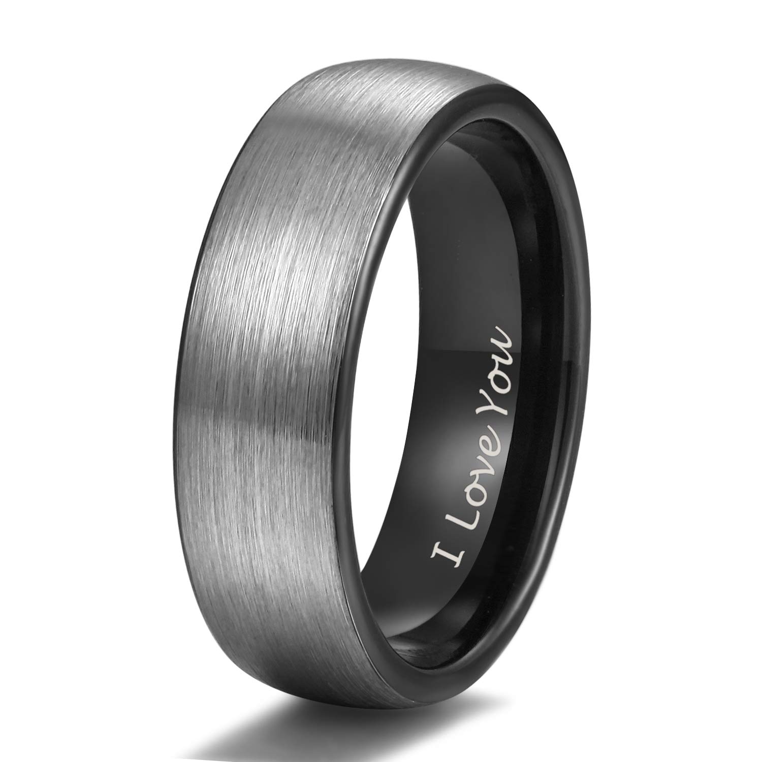 TRUMIUM Anillo de tungsteno negro para hombre de 6 mm, anillo de boda fino con grabado I Love You para mujer, acabado mate, bordes biselados, anillos de promesa, tamaño 9,5