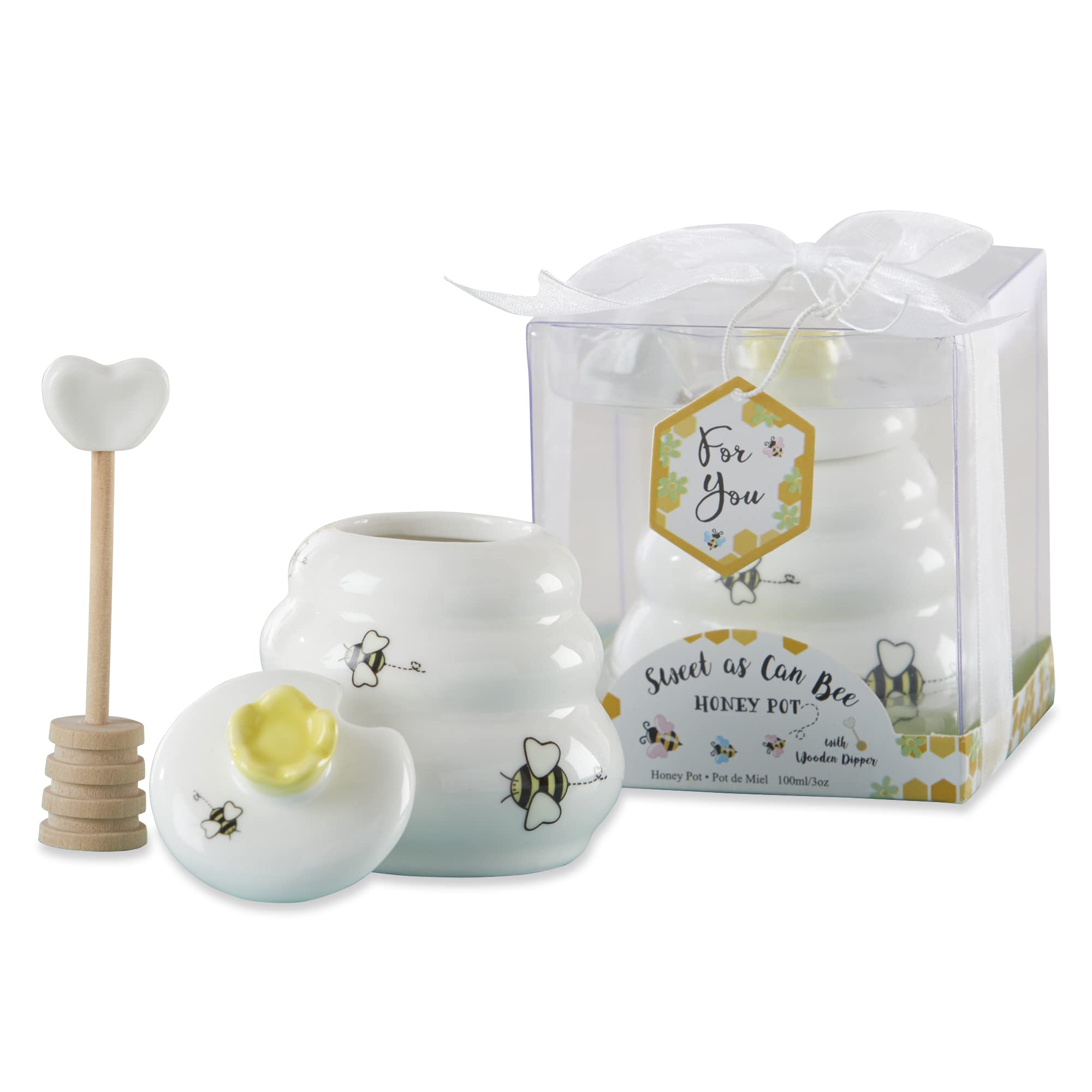 Photo 1 of Kate Aspen Sweet as Can Bee Ceramic Mini Honey Pot with Wooden Honey Dipper (3.4 oz) Honey Jar, Bee Decor, White/Yellow (23261WT)
