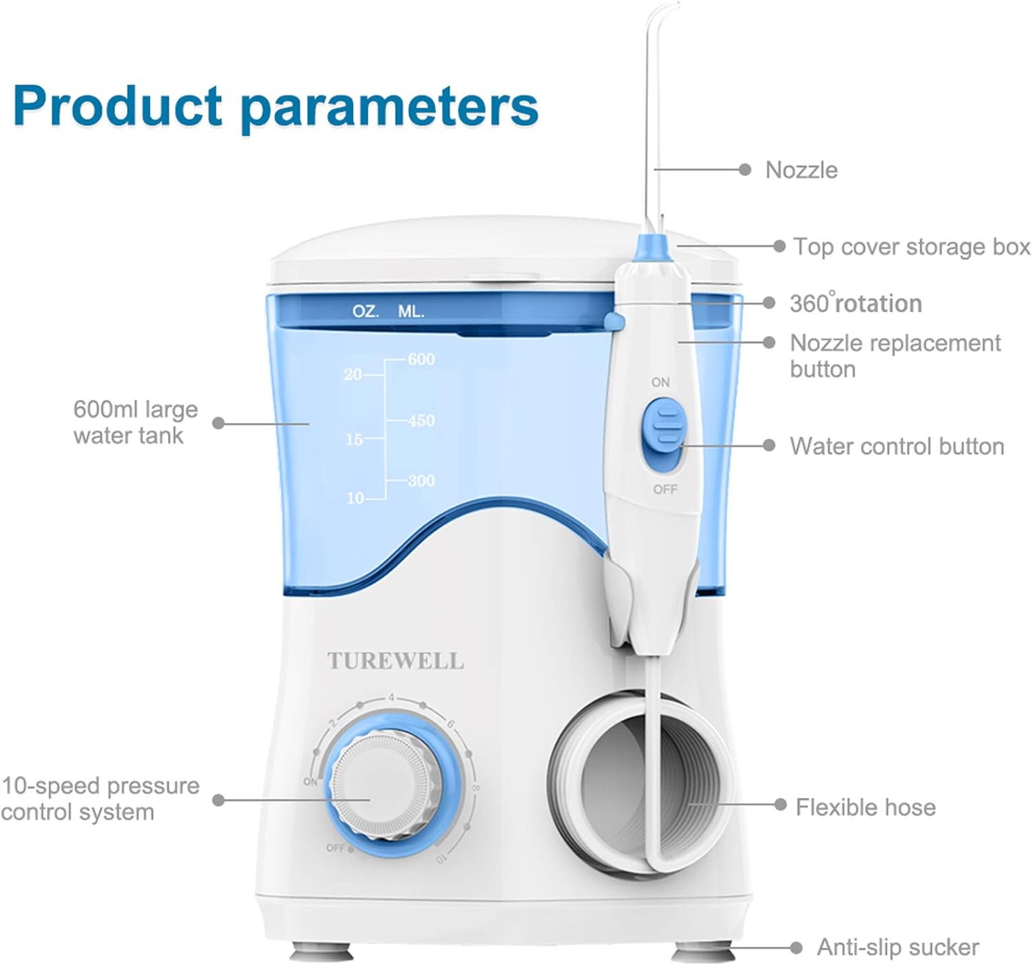 Water Dental Oral Irrigator for Teeth/Braces,10 Pressure Levels Water Teeth Cleaner 8 Water Jet Tips for Family, 600ML Electric Dental Flosser Pick for Tooth Cleaning (White): Health & Personal Care