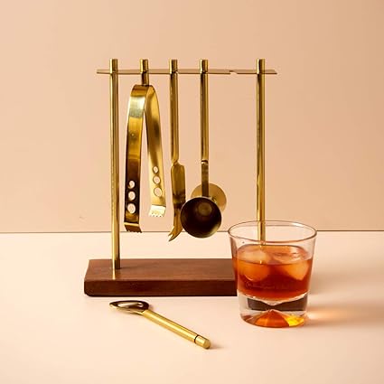 Nestroots Bar tool set accessories ice tong, bottle opener, double side peg measurer, cheese knife with stand wine tools for cocktails drink house home mini bar party bartender Stainless Steel Set of 4 tools+1 stand Gift for Men