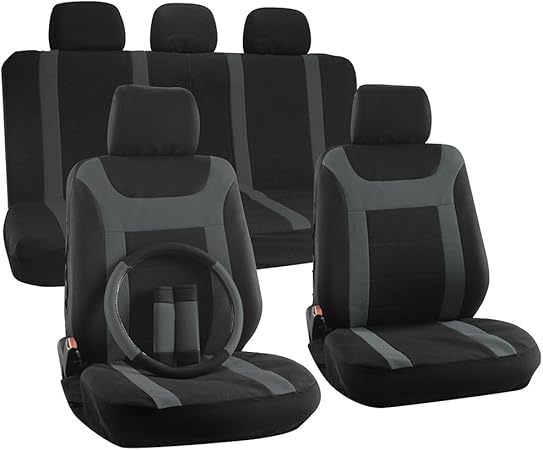 Amazon Oxgord シートカバーセット フラットなメッシュ生地 Y型ストライプ ユニバーサル型 グレー ブラック 17種類の構成品 シートカバー 車 バイク
