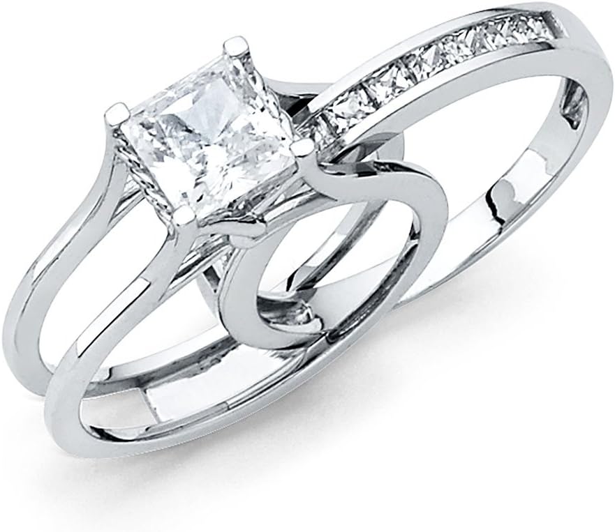 Universal Jewels Solid 14k White Gold 2 Ct. Bridal Set Princess Cut Solitaire Engagement Ring with Wedding Band