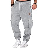 A WATERWANG Men's Fleece Cargo Sweatpants Casual Cotton Tapered Drawstring Athletic Workout Joggers Sweat Pants with Pockets