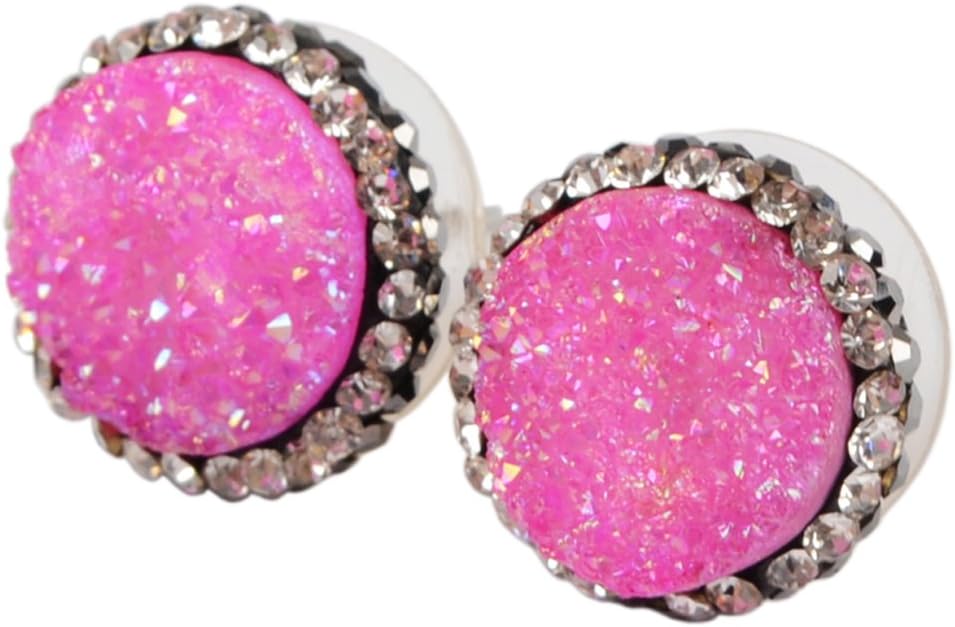 JAB 1 Pair 12MM Round Titanium Rainbbow Druzy Stud Earrings Rhinestone Pave Jewelry for Women