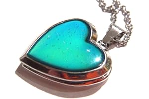 VICUE Glitter Heart Locket Mood Pendant on Silvertone Chain Necklace Color-Changing thermochromic