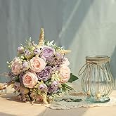 JARELING Artificial Peonies Silk Flowers Bouquet in Glass Vase Faux Flowers Bouquets Modern Penoy Arrangement for Home Decoration Table Centerpiece (Bouquet-Pink Purple)