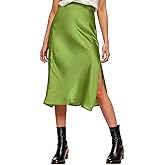 Amy Babe Womens Satin Silk High Waist Slit Midi Skirt Elastic Waistband Midi Skirts for Women