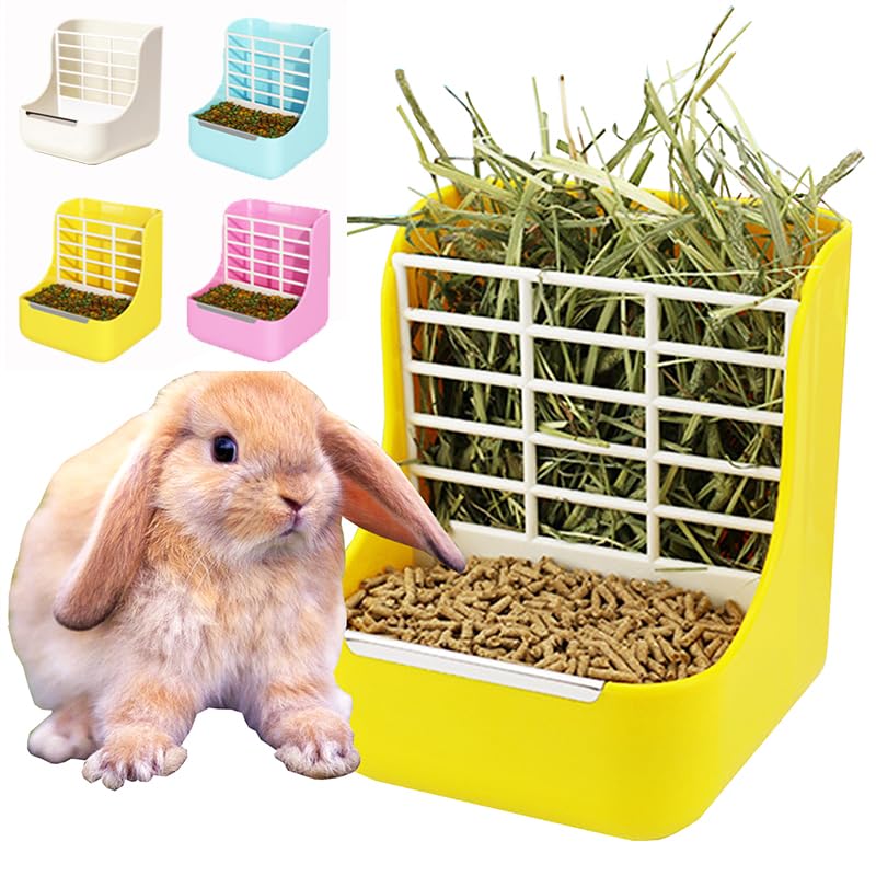 MINGZE Hay Food Bin Feeder for Rabbit Guinea Pig Chinchilla and Other Small Animals, 2 in 1 for Grass and Food (yellow)