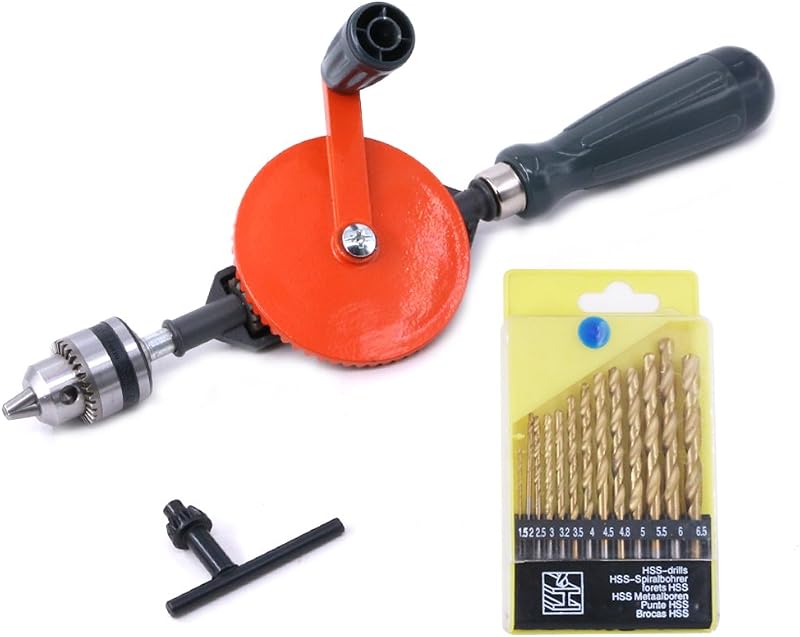 Swpeet Powerful Hand Drill 1/4 Inch with 13Pcs Drill Bit Set Red Silver