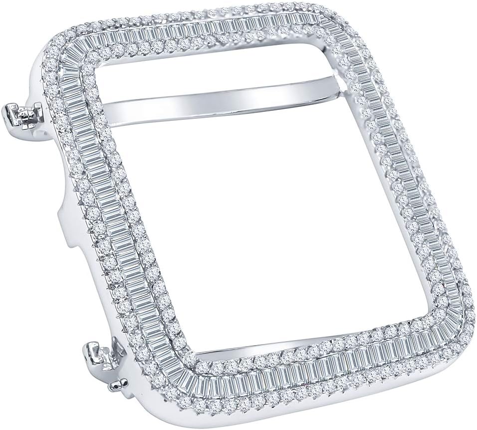 Compatible with Apple Watch Series # 4 Bezel 44mm Baguette/Round Cut Simulated Diamond 14K Gold Finish Custom Insert Cover Face Case (White with White Cz's)