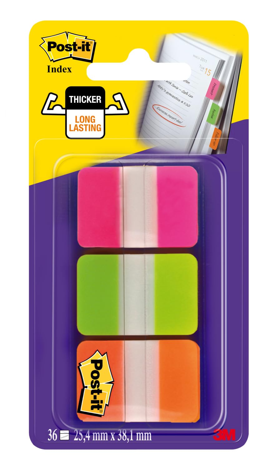 Post-it Index Medium Strong Filing Tabs, 36 Tabs, 25.4 mm x 38.1 mm, Orange, Pink and Green - Sticky Flags for Documents and Information