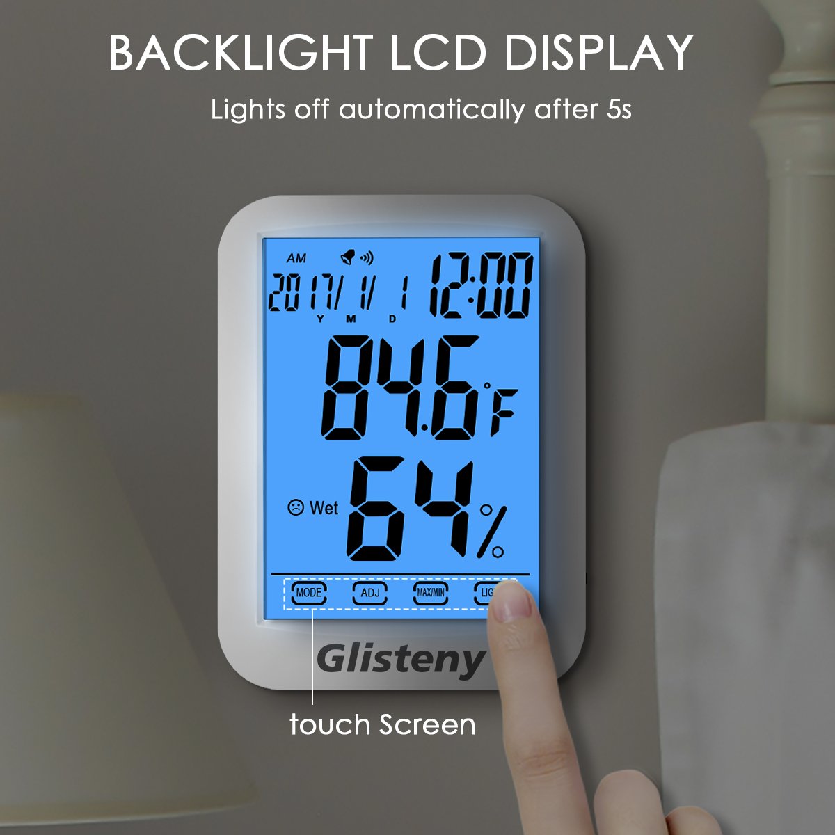 Thermomètre Hygromètre Intérieur,GLISTENYThermomètre Interieur Numérique à écran LCD Tactile,Moniteur de Température et d\'humidité avec horlogie calendrier