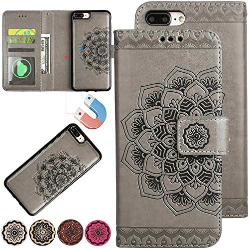 iPhone 8 Plus (2017) / iPhone 7 Plus (2016) Wallet Cell Phone Case, Apple iPhone7 Plus Case, [Detachable 2in1][Emboss Flower] Leather Flip Magnetic Cover with Wrist Strap for iPhone 7 Plus Case (Grey)