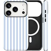 flewfun Magnetic for iPhone 17 Pro Max Case Cute Stripes Phone Case, Shockproof Slim TPU and Hard PC Protective Phone Cover Compatible with MagSafe Designed for Women Girls, Blue and White