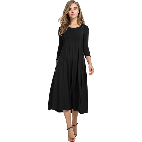 iconic luxe Women's Swing Midi Dress  3/4 Sleeve Flowy A-Line Tunic   Soft, Stretchy, Comfortable, and Versatile Casual Dress for Everyday Wear  Small Black at Amazon Women's Clothing store