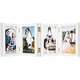 4x6 Four Picture Frame 4 Hinged Photo Frame with 4 Openings, Natural Wood Foldable Photo Frame with High Definition Acrylic for Birthday Father's Day Christmas Gift, Rustic Desk Family Picture Collage, White