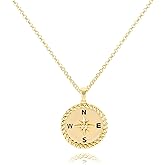 Gold Compass Pendant Necklace for Women Men 14K Gold Plated Compass Coin Necklace with Cubic Zirconia North Star Adjustable Chain Round Charm Travel Jewelry Inspirational Graduation Gift for Her