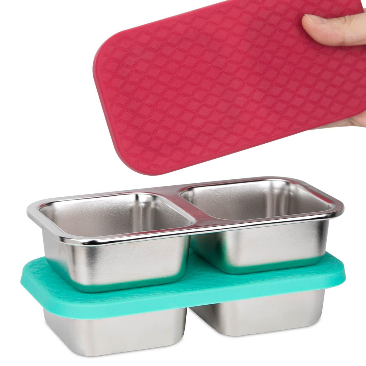 Photo 1 of DOSEWART 2-Compartment 10oz Stainless Steel Snack Containers, Reusable Snack Containers with Silicone Lids Lunch Box for Meal Prep Food Storage On-the-Go Snacking(2 Pack)