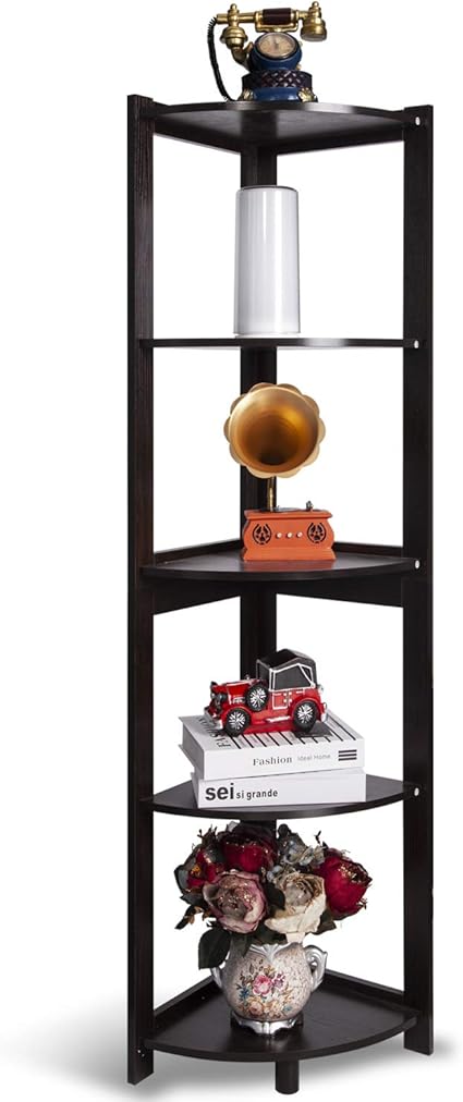 Estante de esquina industrial, 5 niveles, soporte de madera para