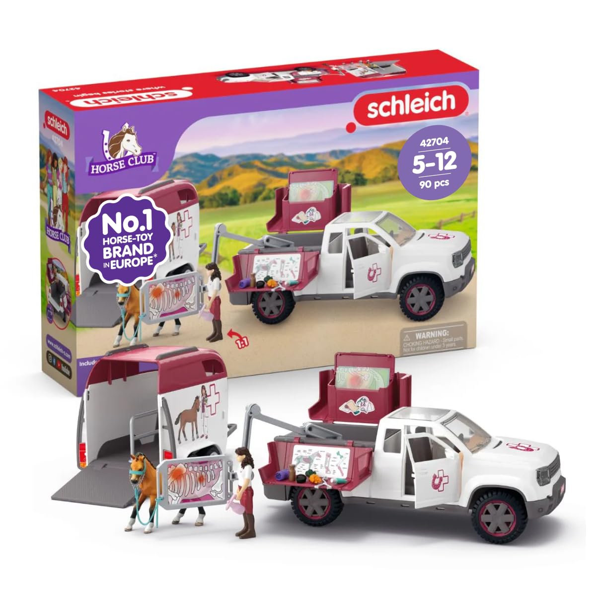 schleich HORSE CLUB | Mobile Tierärztin mit Anhänger 42704 | Set aus Pick-up & Anhänger, 1 Pferd, bewegliche Figur & Zubehör | tolles Geschenk für Mädchen und Jungen | Spielzeug ab 5 Jahren | 90 Teile