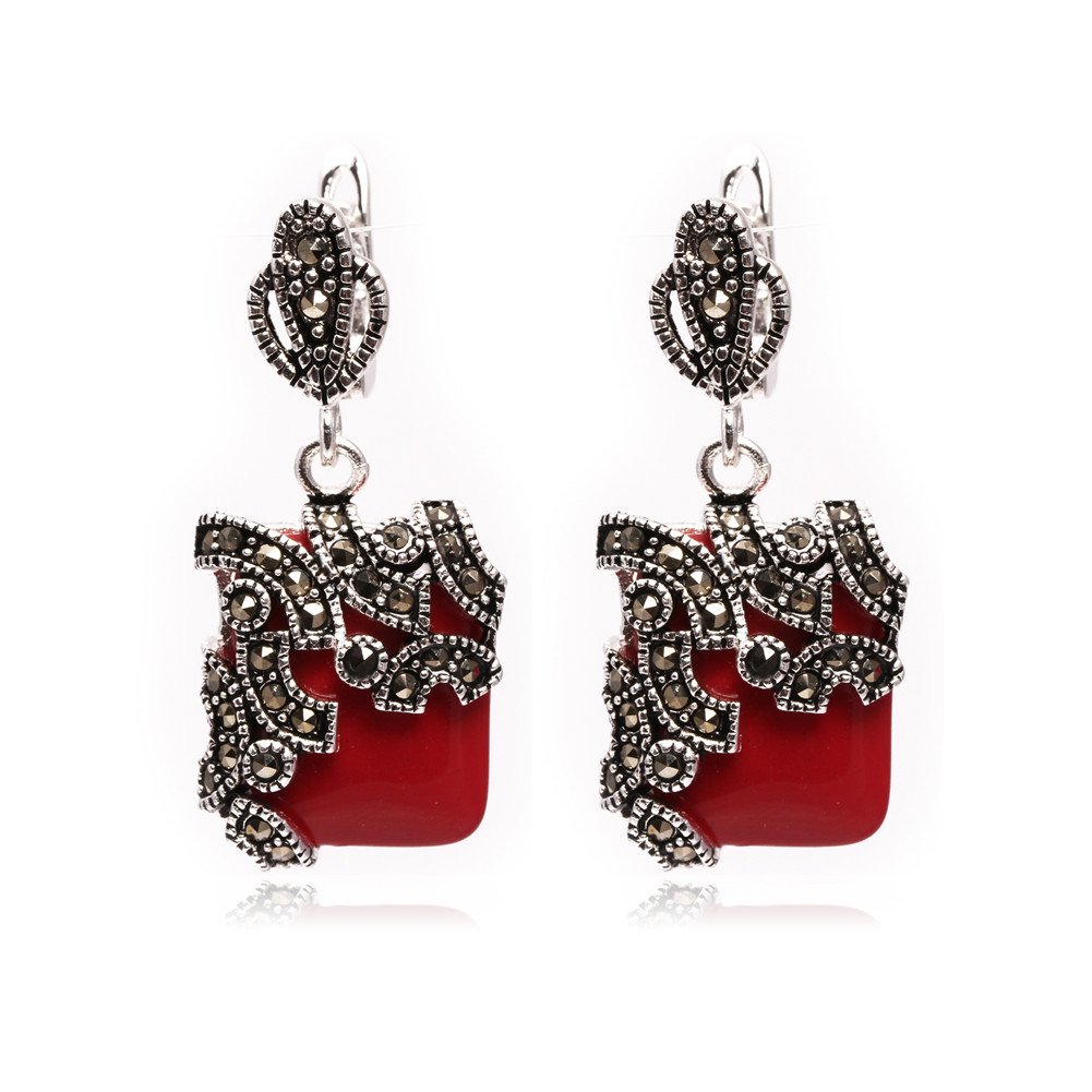 Sweet & Happy Girl's Store 15mm Square Manmade Red Coral Beads Tibetan Silver Marcasite Base Dangle Stud Earrings? Jewelry