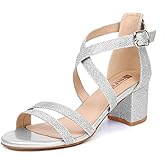 IDIFU Women's Block Low Chunky Heel Strappy Sandals Open Toe Ankle Strap Dress Wedding Evening Shoe for Women Bridal