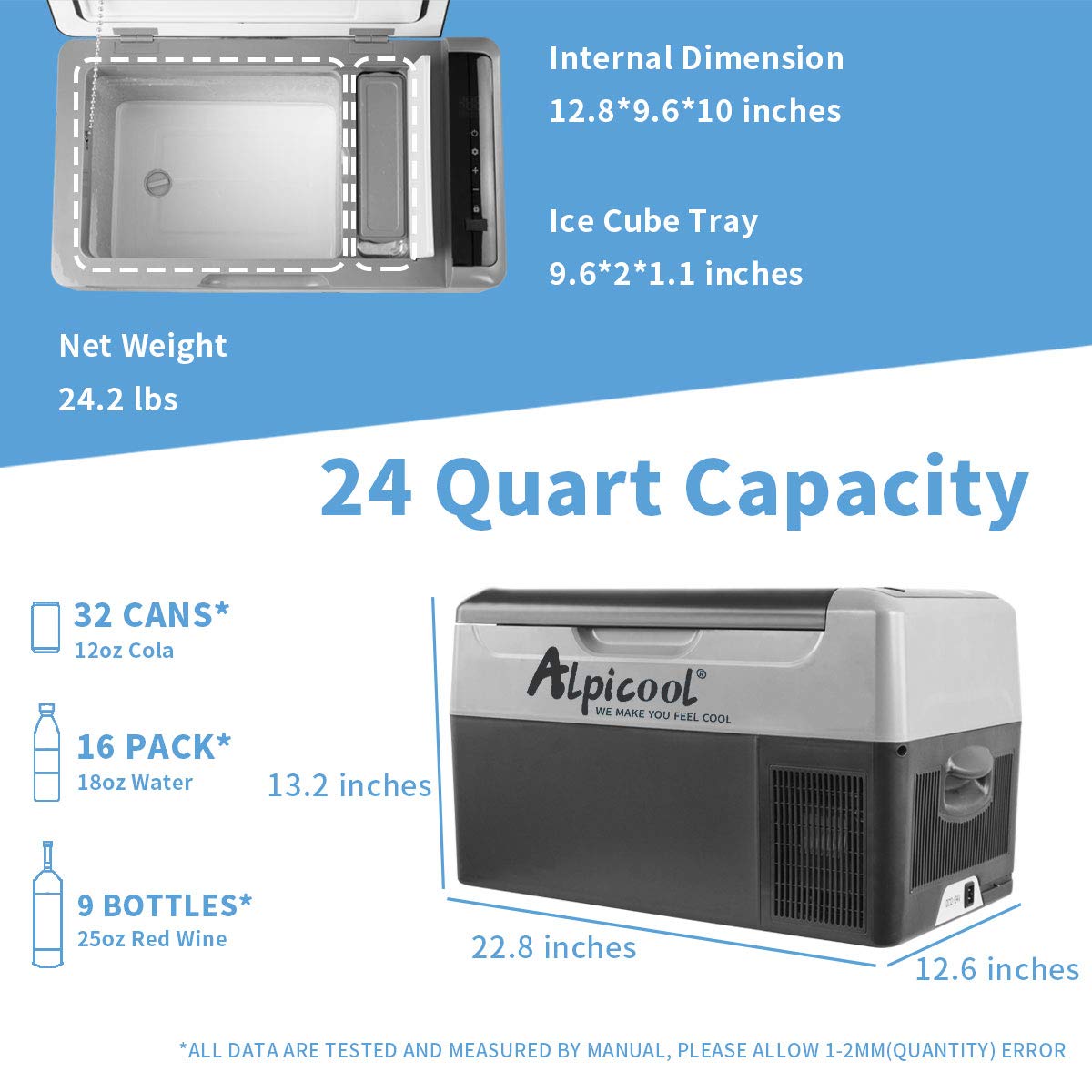 Alpicool G22 Portable Refrigerator 23 Quart Vehicle, Car, Truck, RV, Mini fridge freezer for Driving, Travel, Fishing, Outdoor -12/24V DC with USB socket