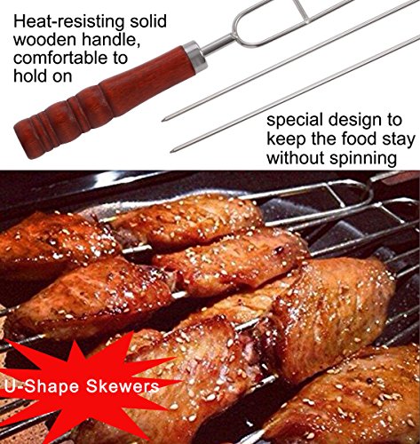 POLIGO 10PCS BBQ Skewers Set - Flat Stainless Steel Metal Grilling BBQ Stick Shish Kebab Kabob Skewers With Wooden Handle - set of 10 in Handy Storage Pouch with Basting Pastry Brush