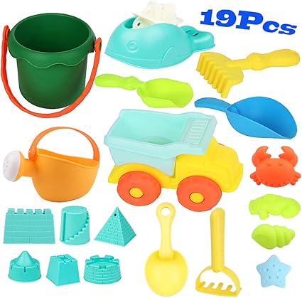 Amazon.com: WTOR - Juego de juguetes de playa para niños, 19 piezas, con cubo y bolsa de malla, material de plástico suave para niños pequeños: Toys \u0026 Games
