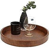 HofferRuffer Faux Leather Round Serving Tray, Vegan Croco Leather Decorative Food Tray for Storage Drinks, Snack & Cosmetics, Dia.12'' x 1.6'' (Antique Brown)