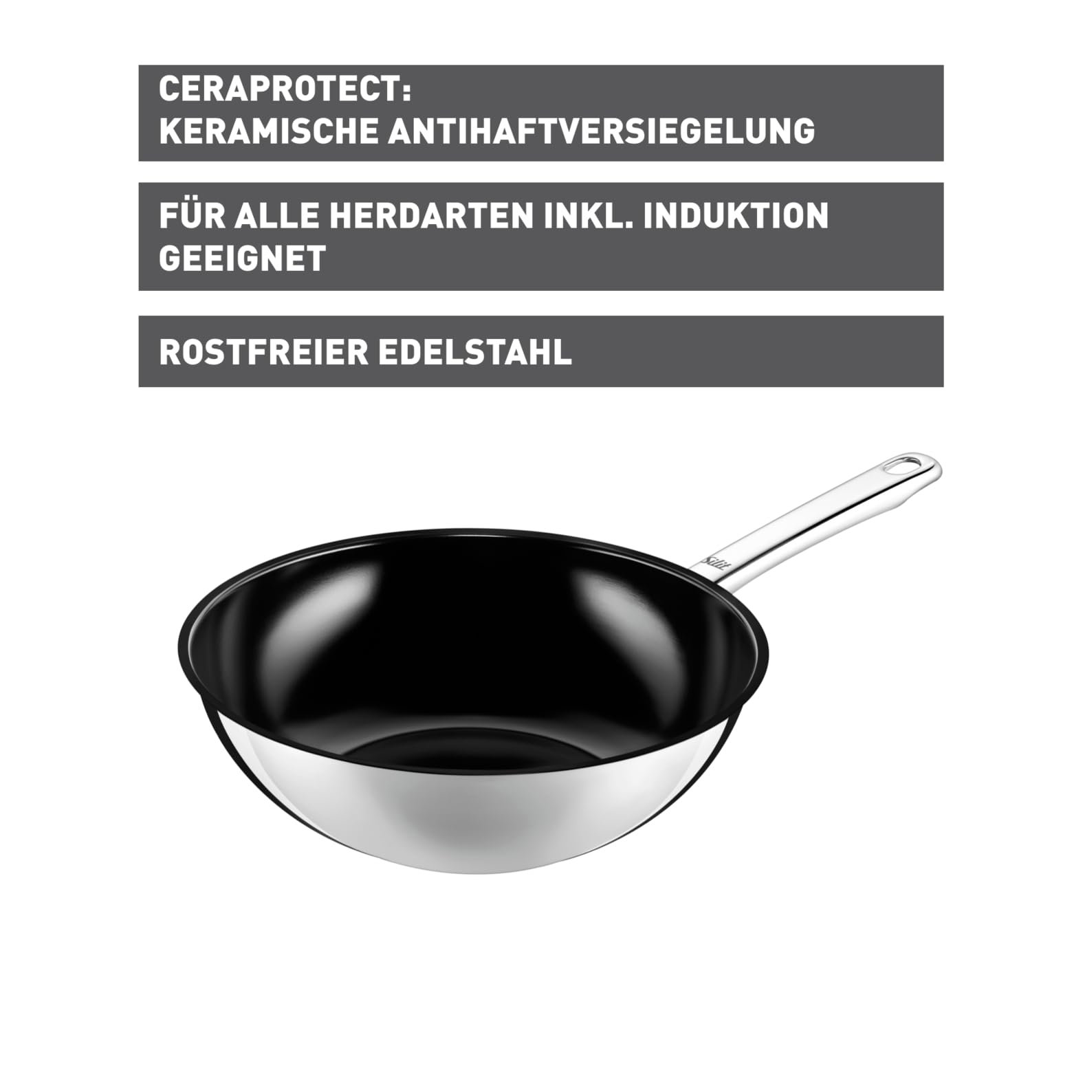 Silit Wuhan Wokpfanne Induktion 28 cm, Wok Edelstahl beschichtet, backofenfest 2