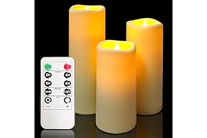 candlesee LED Flameless Candles of 3 Set, Outdoor Waterproof Candle with Timers& Remote, Indoor Battery Operated Flickering Pillar Fake Candles Long Lasting for Patio, Larterns, Fireplace, Home Decor