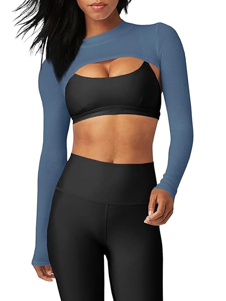 AURGELMIR WOMEN’S LONG SLEEVE CROP FALL CASUAL MOCK NECK RIBBED KNIT SLIM FIT STRETCHY SHRUG TOP NAVY