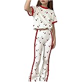 RoseSeek Girl's 2 Piece Outfits Cherry Graphic Tees and Flare Pants Sets Casual Cute Outfits Set