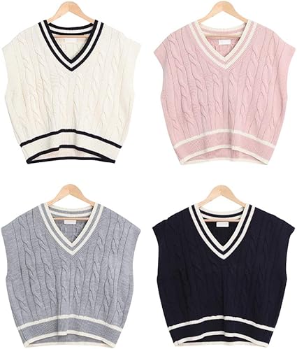 Amazon レディース ニットベスト カジュアル 配色 Vネック トップス ニットセーター 秋冬 通学 制服 オフィス 通勤 グレー セーター 通販