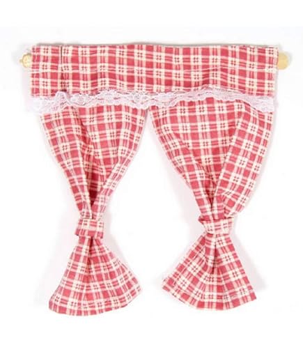 Melody Jane Dollhouse Kitchen Curtains & Valance - 1:12 Scale Red Beige Gingham Country Style Accessory