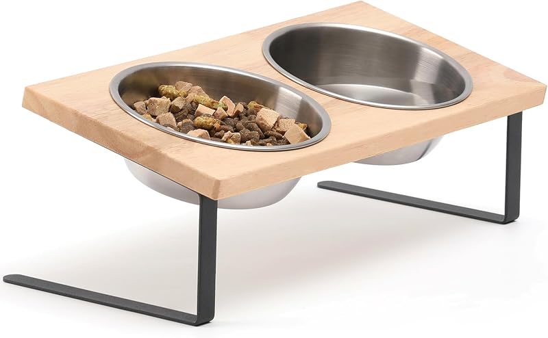 FUKUMARU Elevated Cat Bowls 15° Tilted Stand Stainless Steel Bamboo Feeding