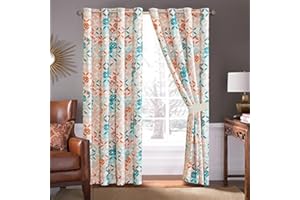 GrandLinen - 4 Piece Turquoise Blue/Orange/Grey Patchwork Microfiber Curtain Set 108 inch Wide X 84 inch Long (2 Window Panels, 2 Ties)