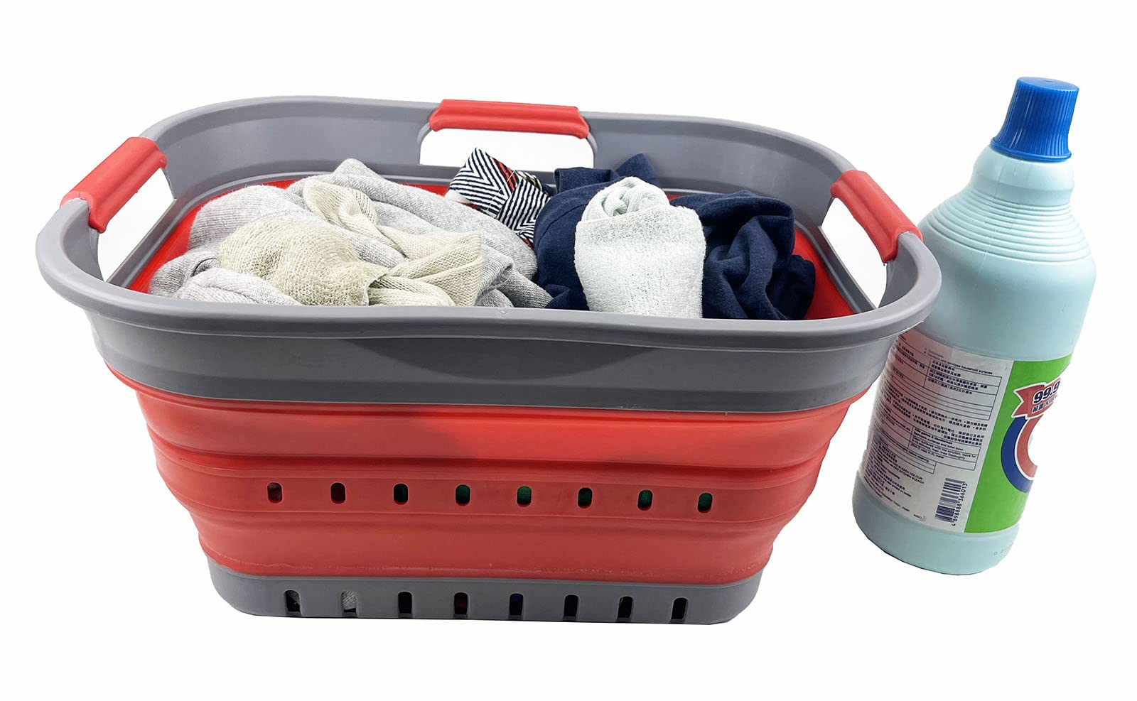 SAMMART 19L Super Mini Collapsible 3 Handled Plastic Basket - Foldable Pop Up Storage Container/Organizer - Space Saving Hamper/Basket (Grey/Red)