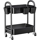 2 Tier Rolling Cart Metal on Wheels,Two Tiered Short Side Table with Wheels | Heavy Duty Under Desk Shelf Trolley, Small Utility Storage Carts Organizer for Craft, Art,Office,Kitchen,Black Basket,22 inch